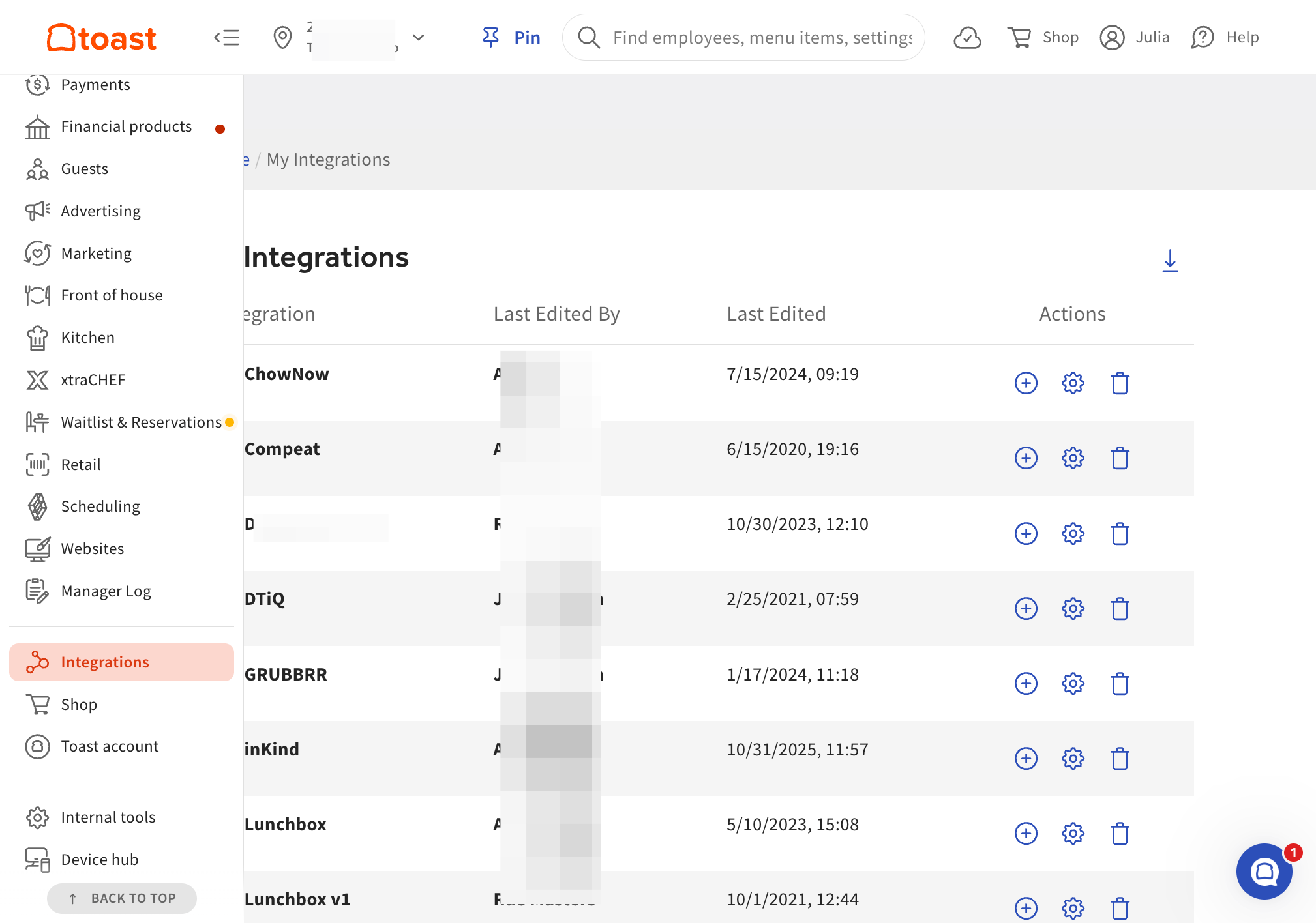 Once you have logged into Toast - Click on Integrations on the left