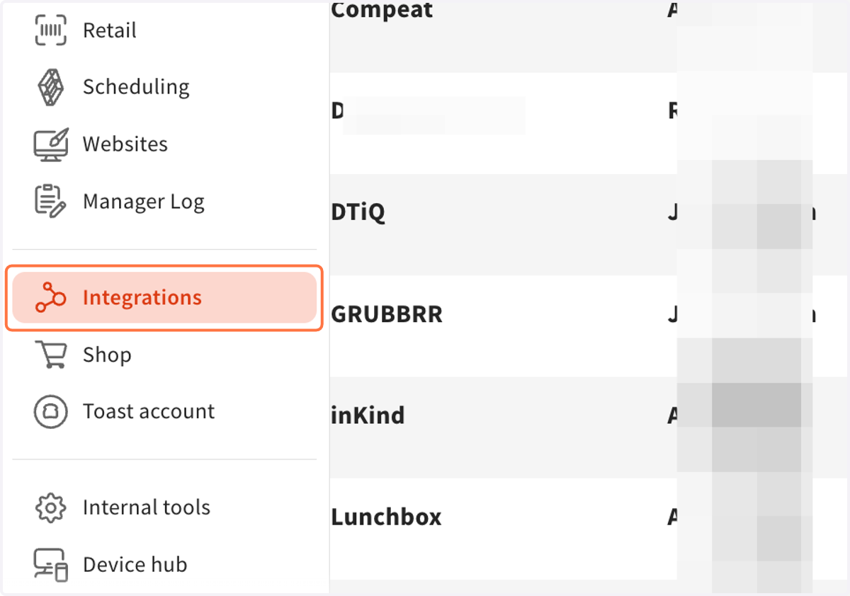 Once you have logged into Toast - Click on Integrations on the left