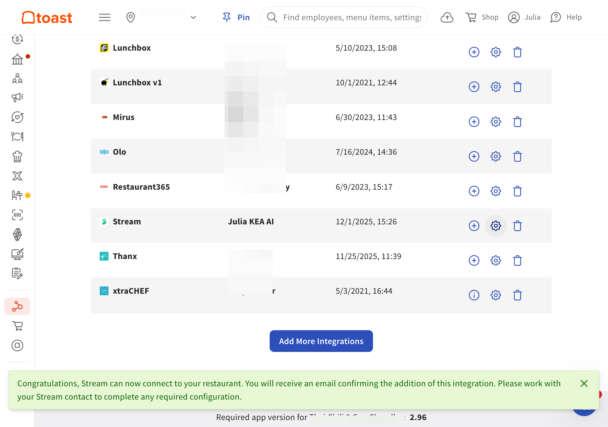 Your Manage Integrations page should now appear. Locate your new Stream App line - Click on the pinwheel for Manage IDs next to Stream