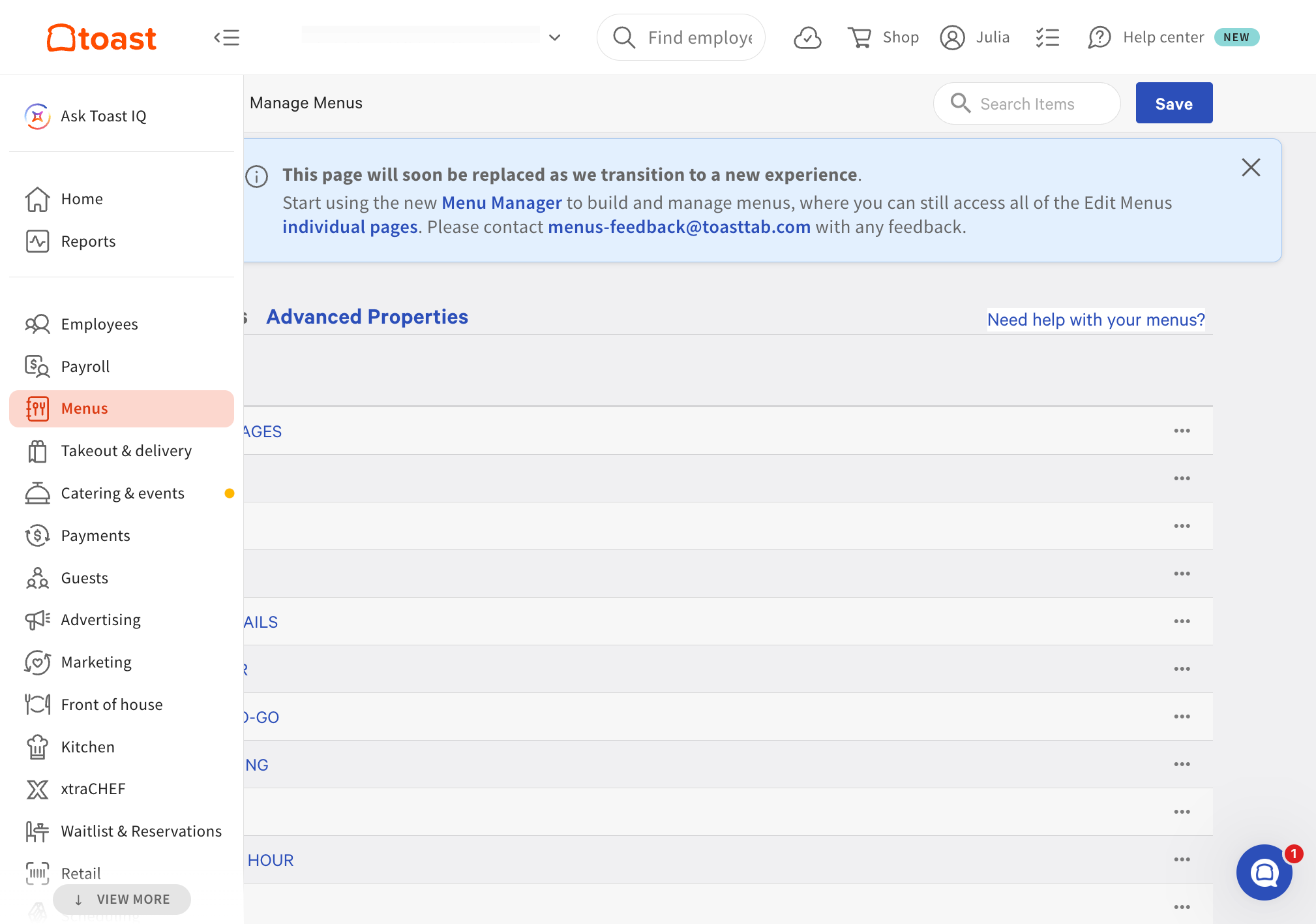Now we will ensure your Menus are visible to Kea's AI - Click on Menus
