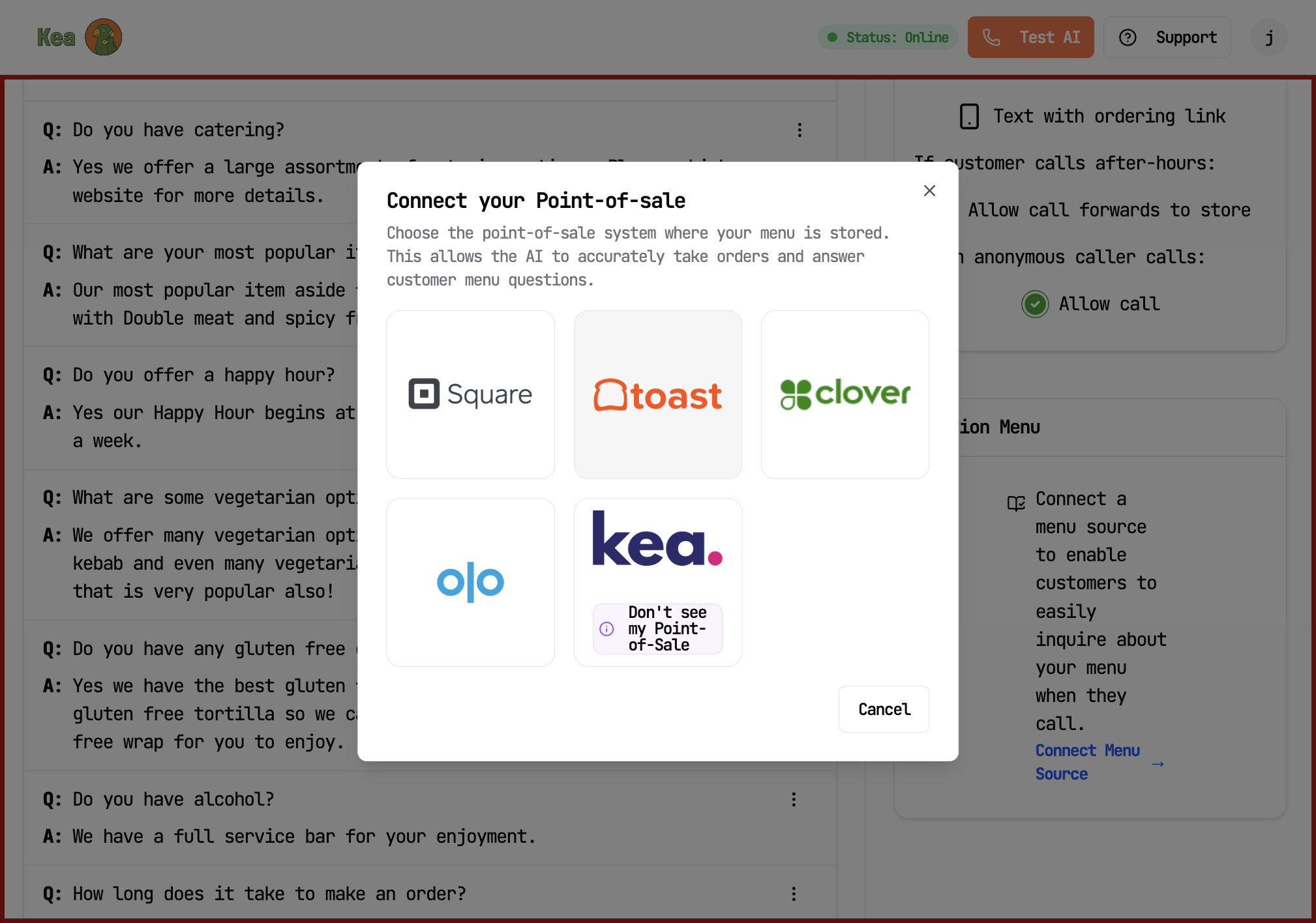 Select Toast from the Connect your Point of Sale pop-up