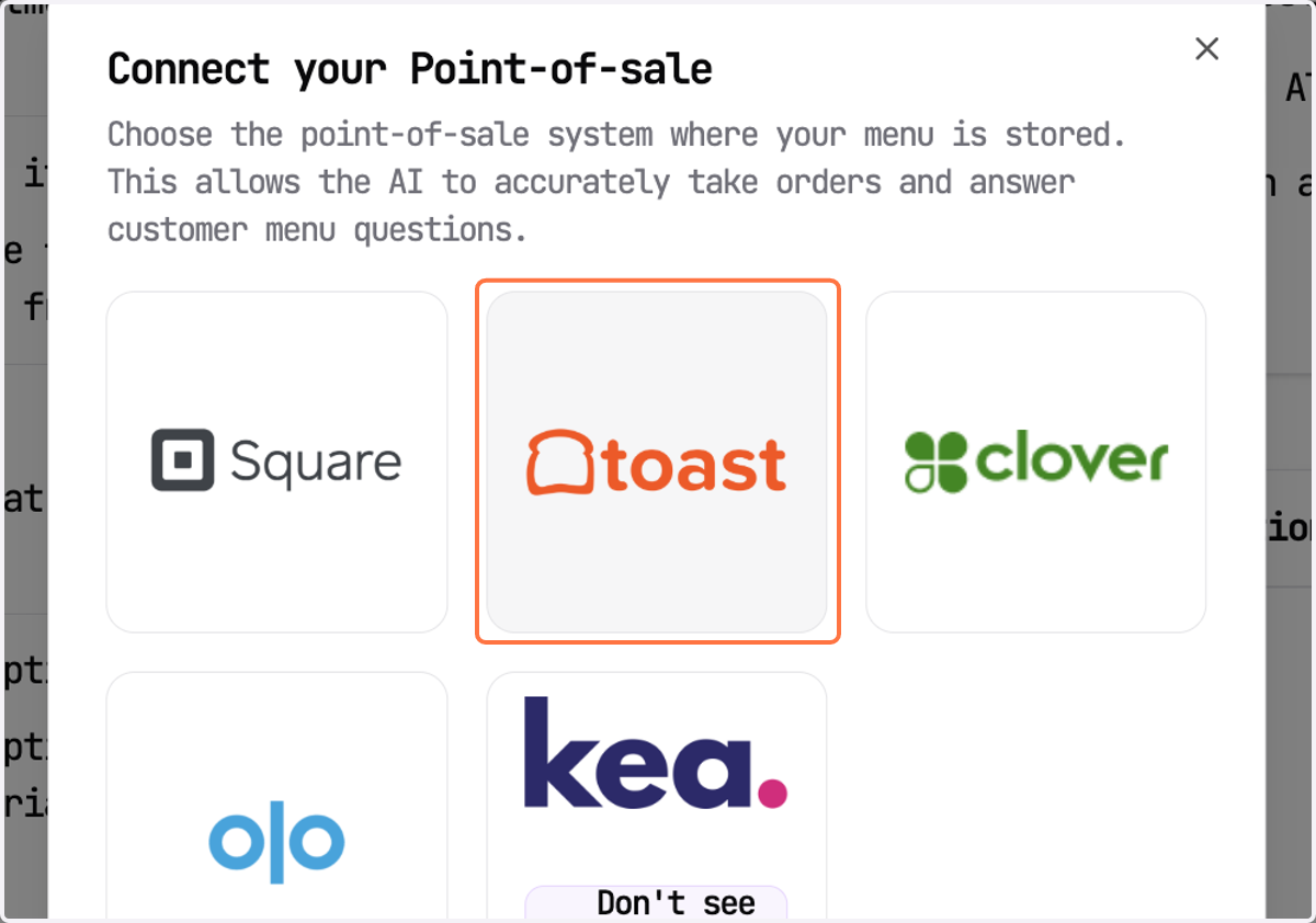Select Toast from the Connect your Point of Sale pop-up