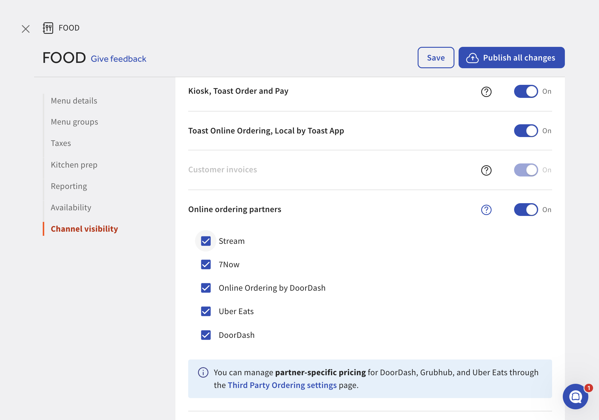 Ensure Stream is checked YES within Online Ordering Partners