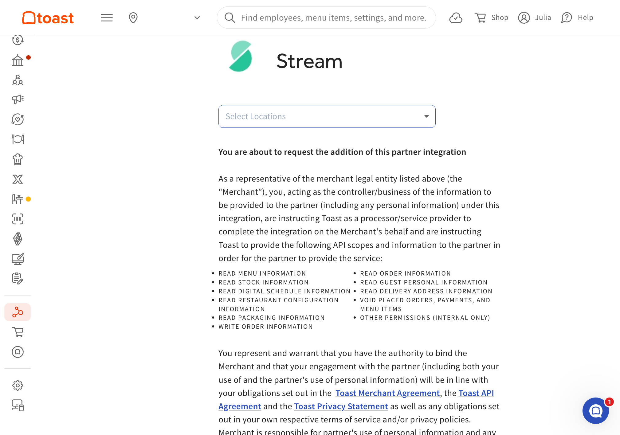 Select which locations you are Onboarding to Kea Ai