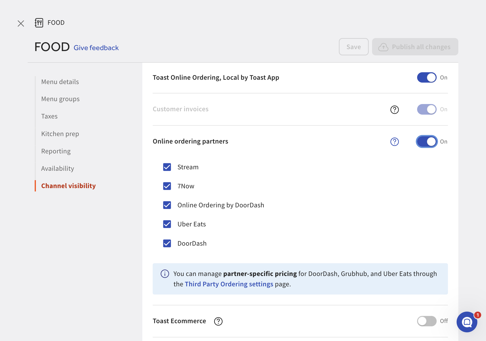 Ensure Online Ordering Partners is toggled ON