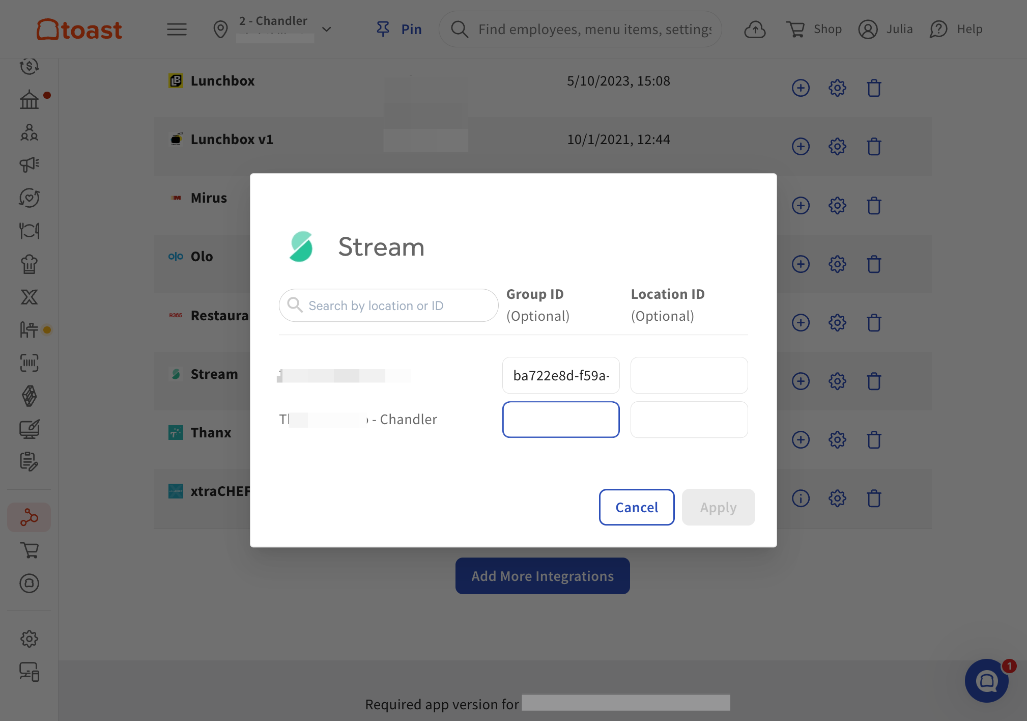 Click the pinwheel within the Stream App integration and locate the Location that we will be syncing to Kea