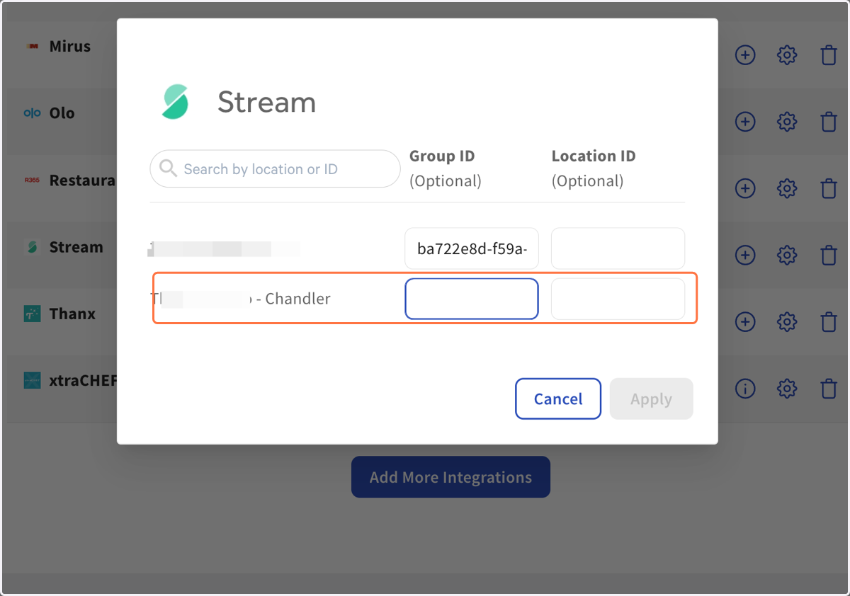 Click the pinwheel within the Stream App integration and locate the Location that we will be syncing to Kea