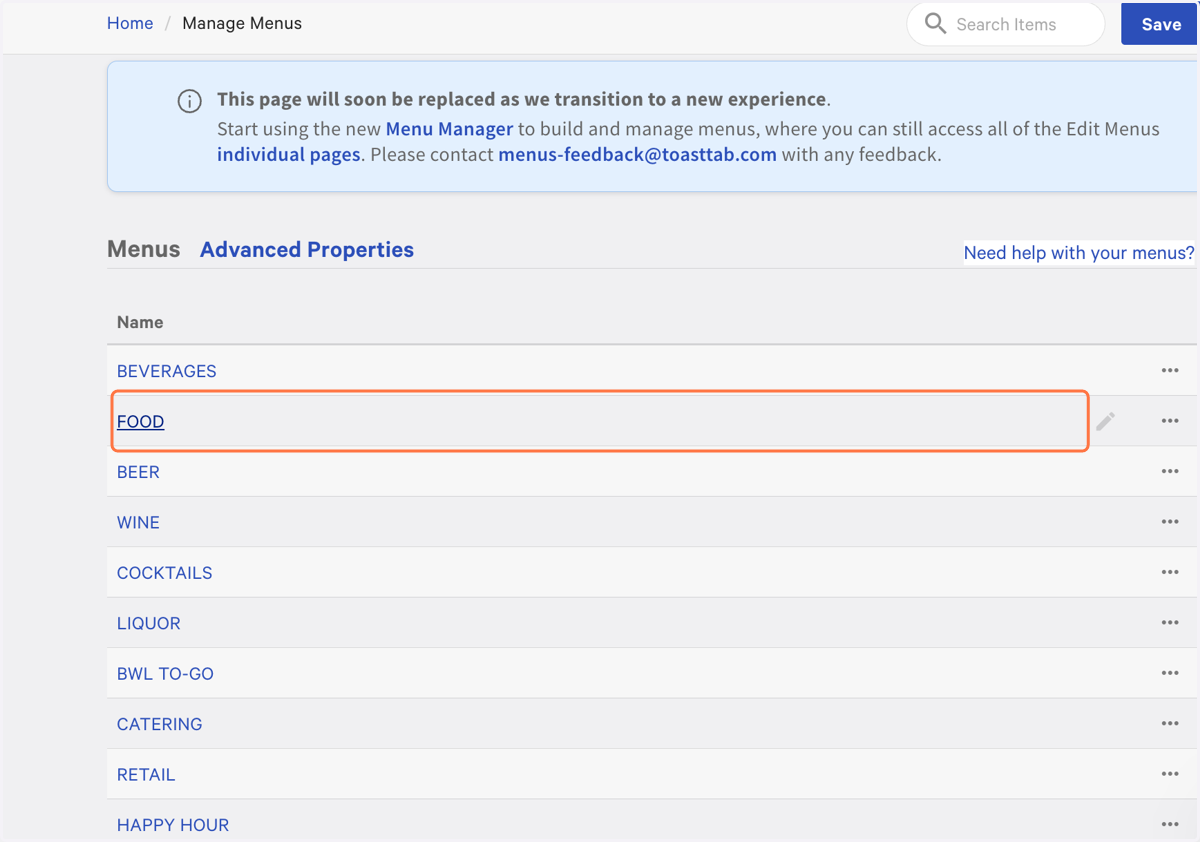 Click into the menu that Kea AI needs access to for phone orders