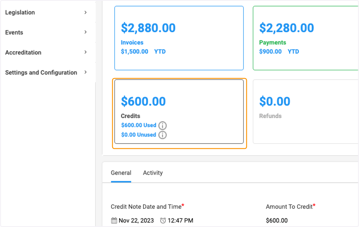 From the details view, you can see amount of credits and credits used