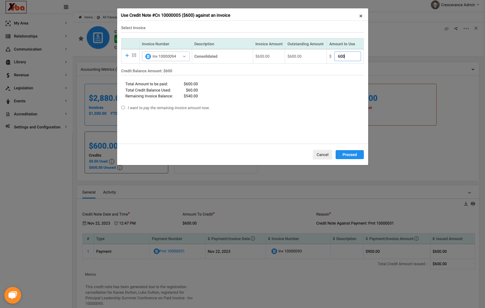 Type amount of credit you wish to use to pay this invoice