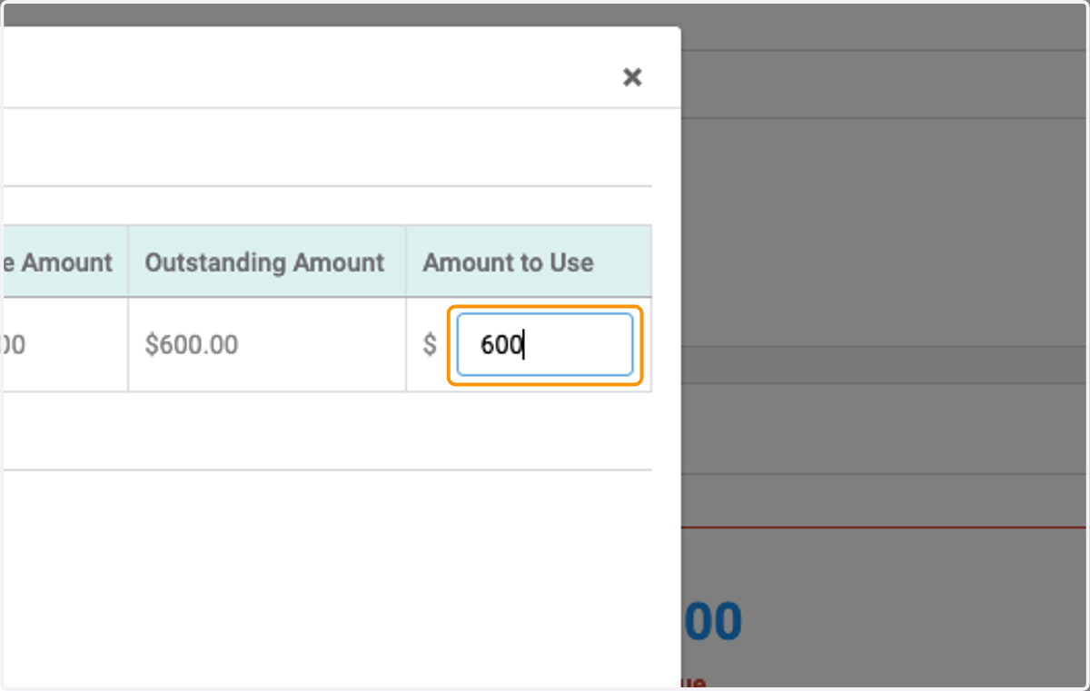 Type amount of credit you wish to use to pay this invoice