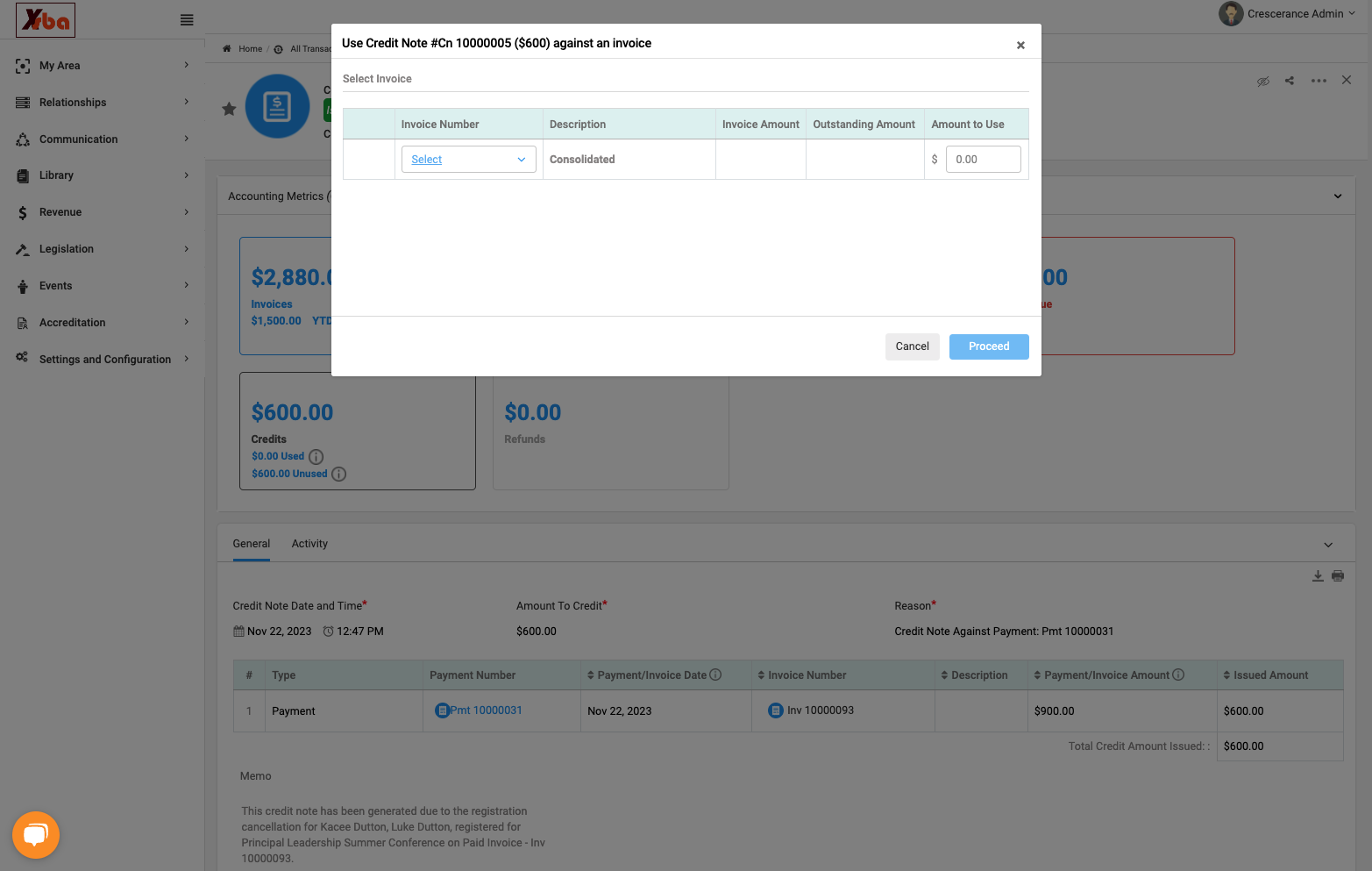 Click on Select to apply against an existing unpaid invoice