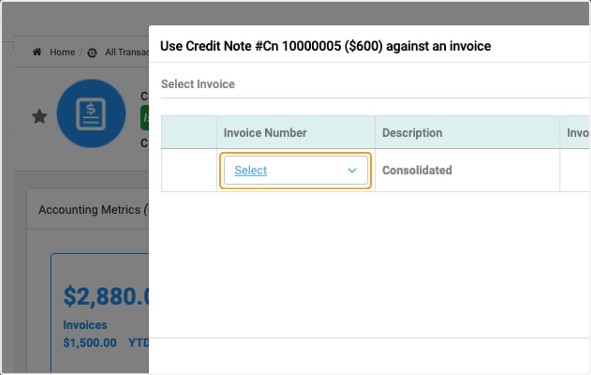 Click on Select to apply against an existing unpaid invoice