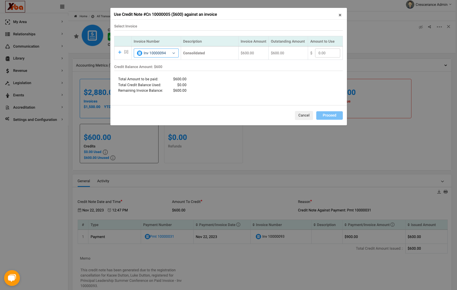 Select invoice from the drop down list