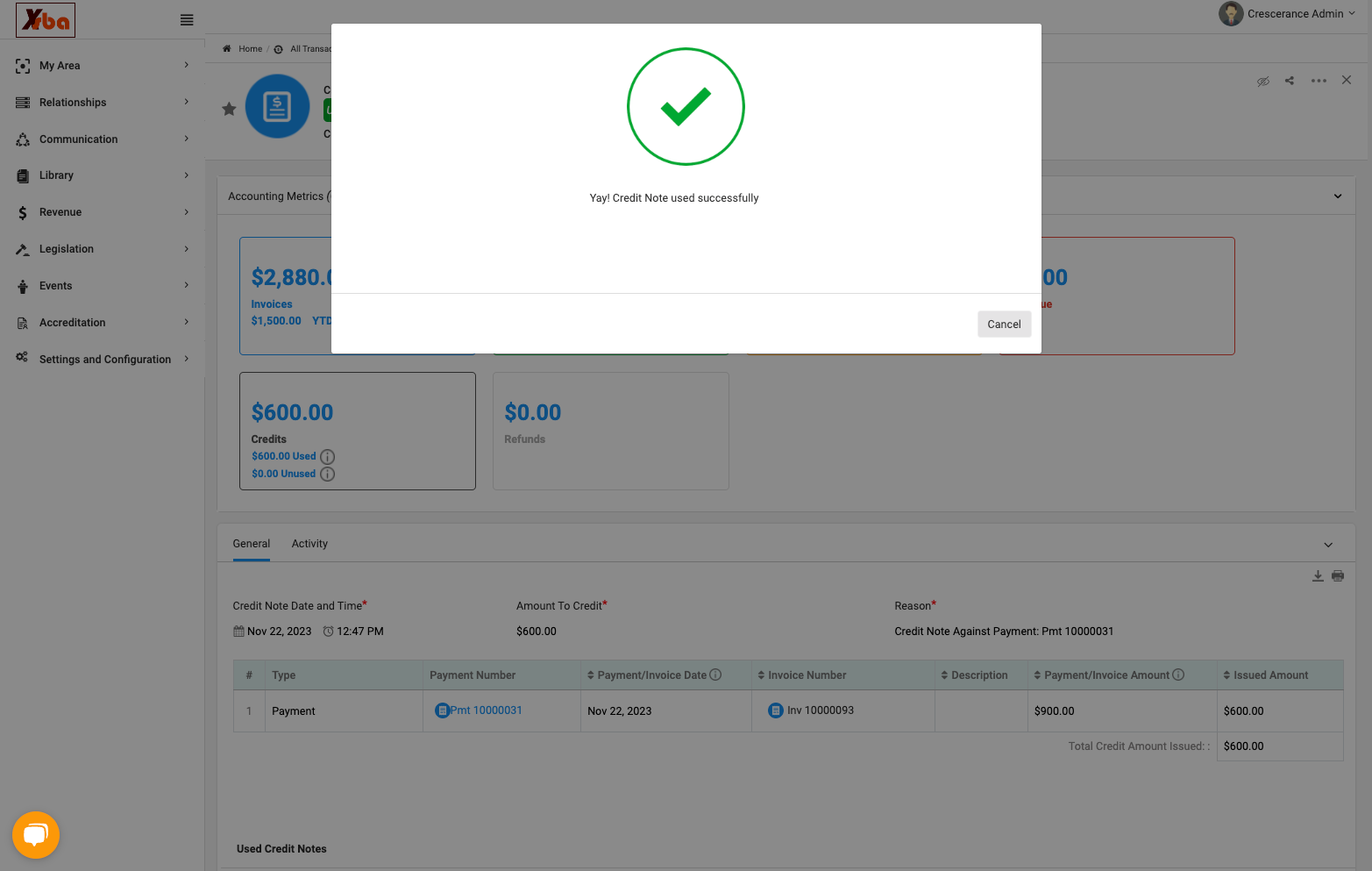 Window pops up letting you know credit was applied successfully