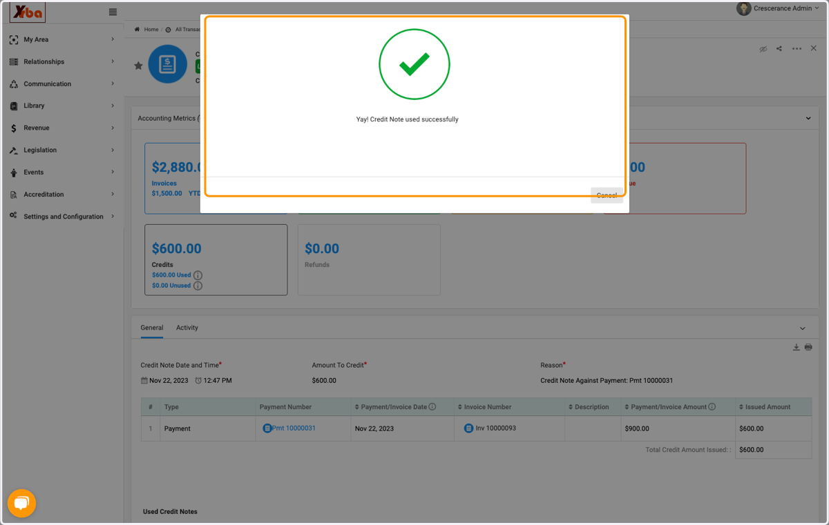 Window pops up letting you know credit was applied successfully