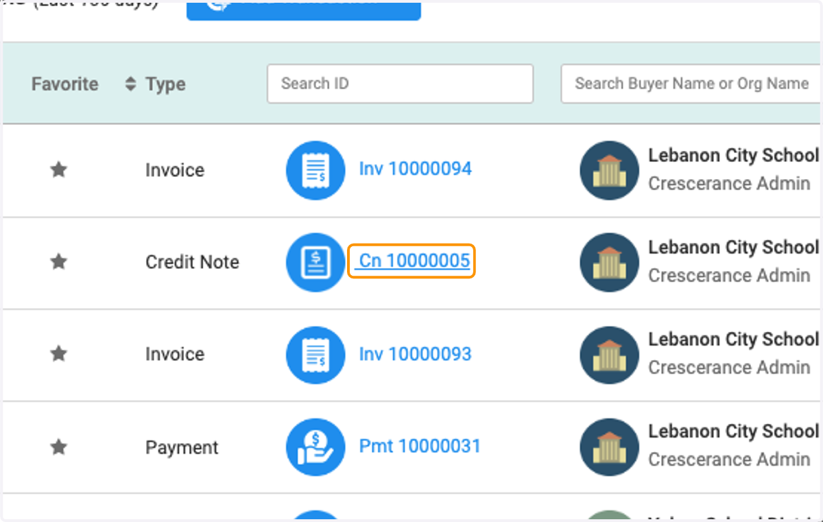 Select the Credit Note you wish to use from the list of all transactions