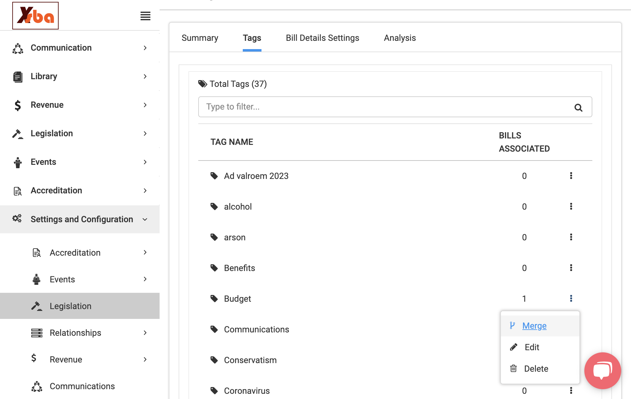 Click on 'Merge' to merge two tags and their associations together under one tag name