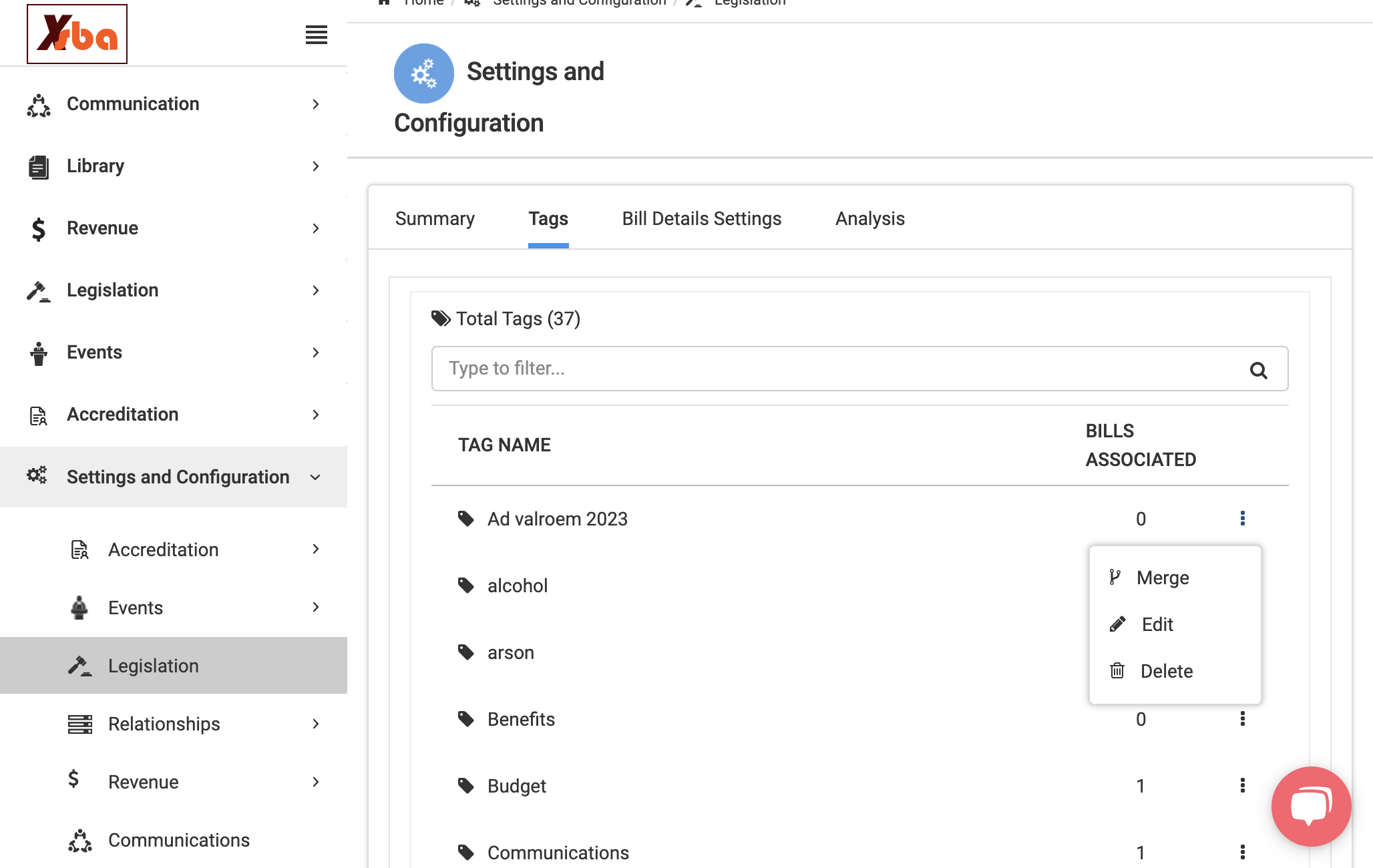 Click on the ellipses next a given tag to edit the naming convention of the tag, to merge the tag and its associations into another tag, and/or to delete
