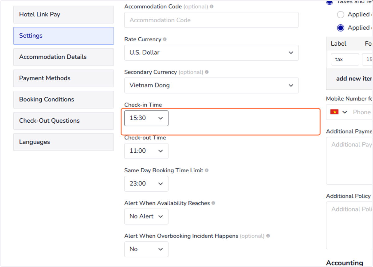 Check-in Time: Select time for the guests to check in at your accommodation