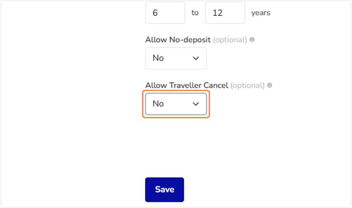 Allow Traveller Cancel (optional): Defines if you allow the travellers to cancel the reservation by themselves. If you set "No", the travellers will need to contact you via email or phone call to cancel their reservation.