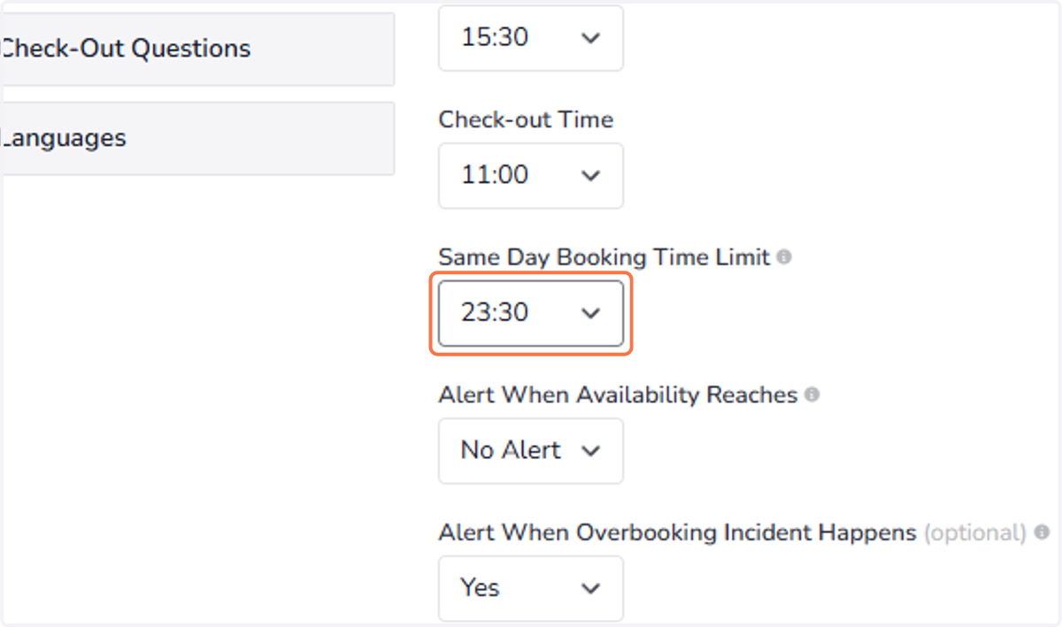 Last minute bookings: To always receive last minute bookings set the time to 23:30. To prevent same day bookings to happen set the time to 00:00.