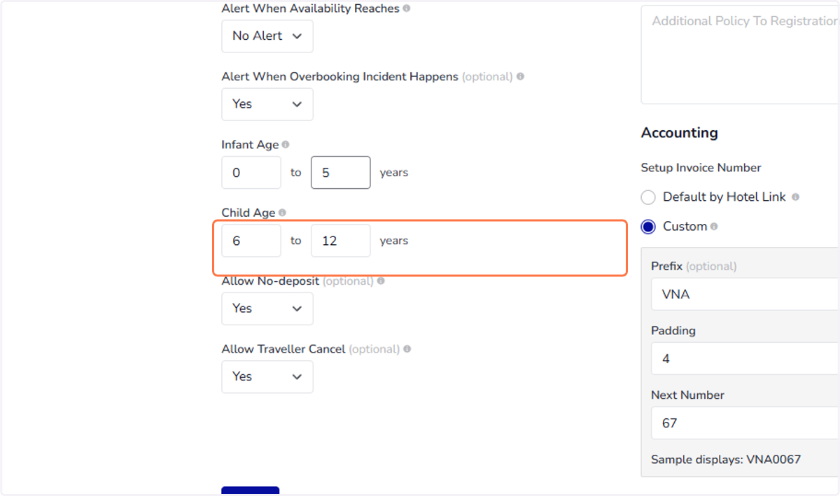 Child age: Set the age at which child can be charged extra fee. Enter 0 to 0 to deactivate child age.