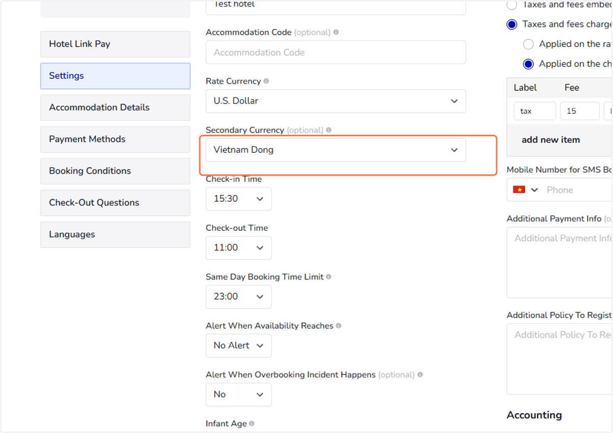 Secondary Currency (optional): The secondary currency is used for reference on the Booking Details page. The amount in the default currency is automatically converted to the secondary currency and will be displayed when the user downloads the booking