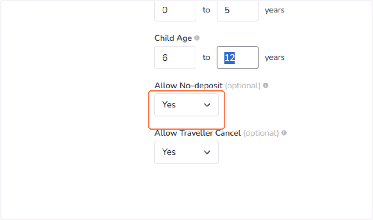 Allow No-deposit (optional):Set whether deposit is required when placing booking. After you set "Yes" for No-deposit, the system will hide payment section for travel agencies and show payment as it is for travellers.