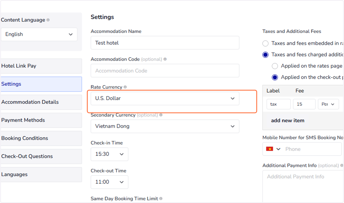 Rate Currency: Set the currency of the room rates entered in the Rates and Availability page.