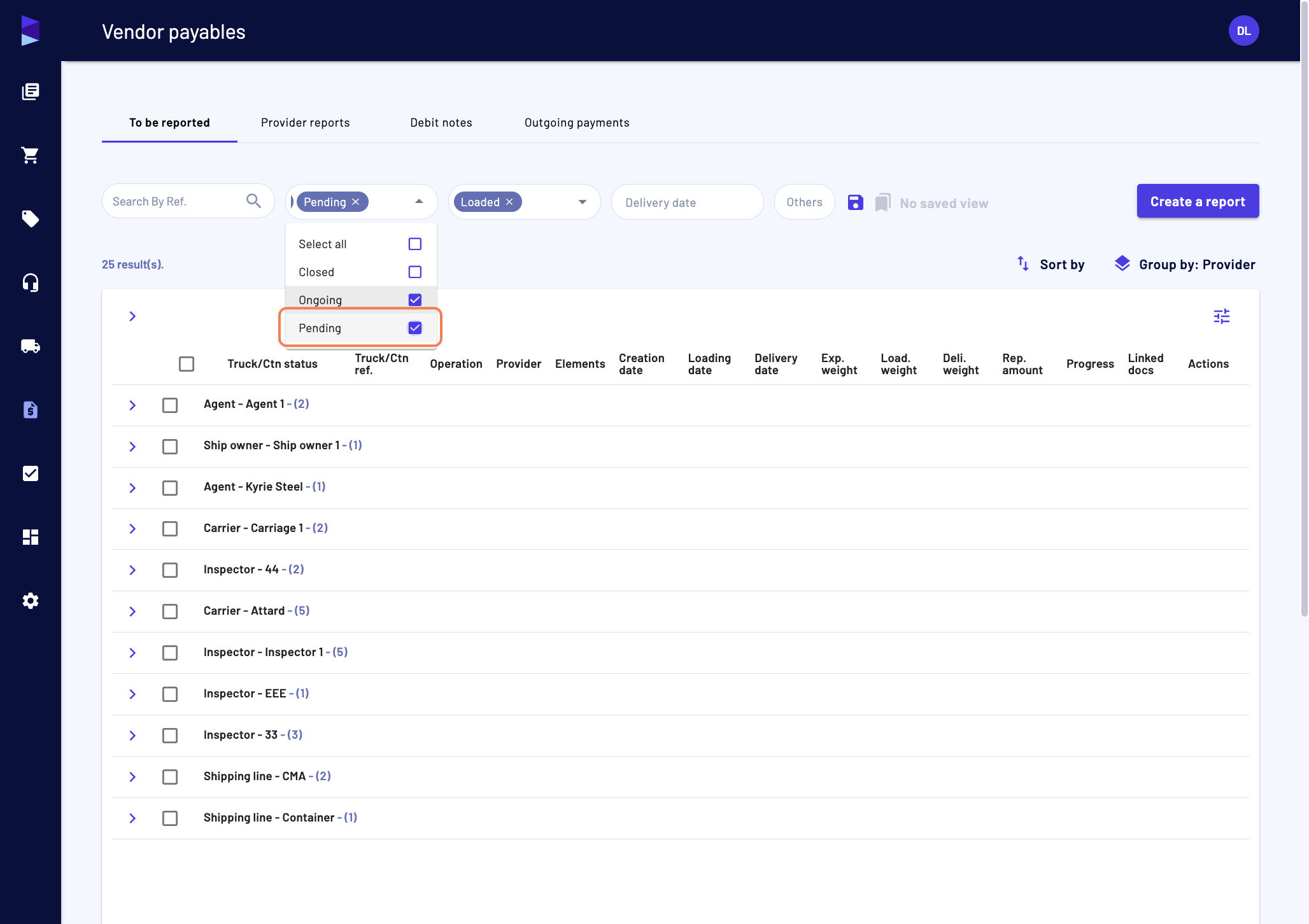 In the "Invoices & Payables" menu, access the "Vendor payables" page. You can filter by status to see only the "Ongoing" and "Pending" reports