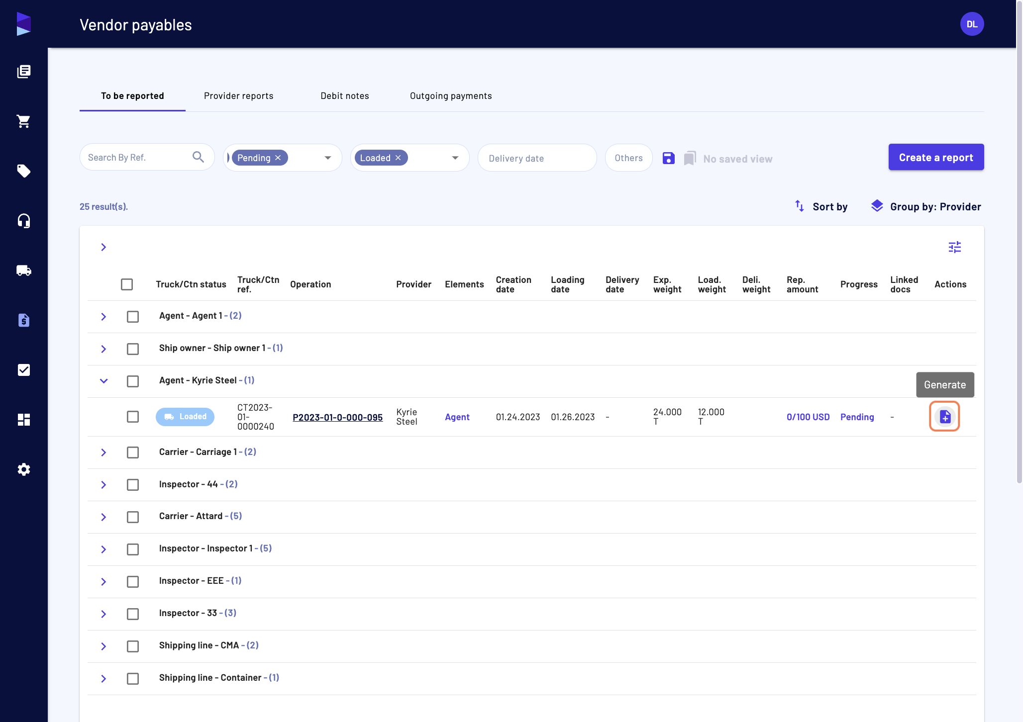 Once you have made your selection, you can either click at the end of a line on the "Generate" button or in the bulk action icons on the "Generate" button