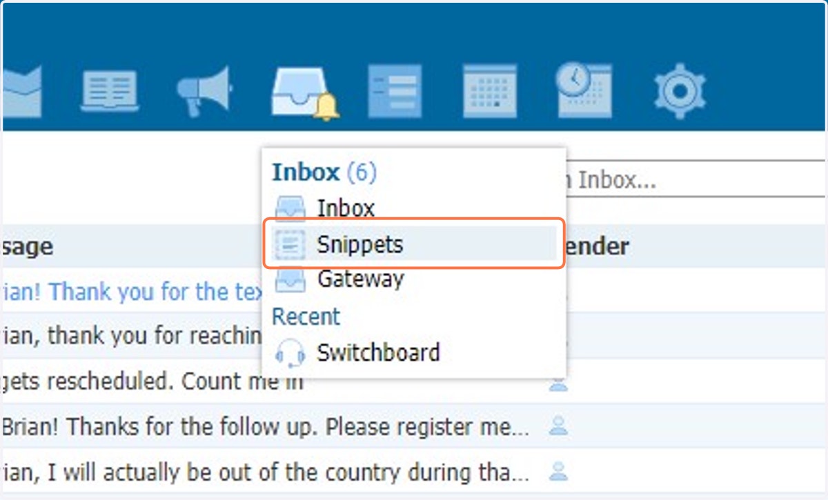 Navigate to Snippets from the Inbox module