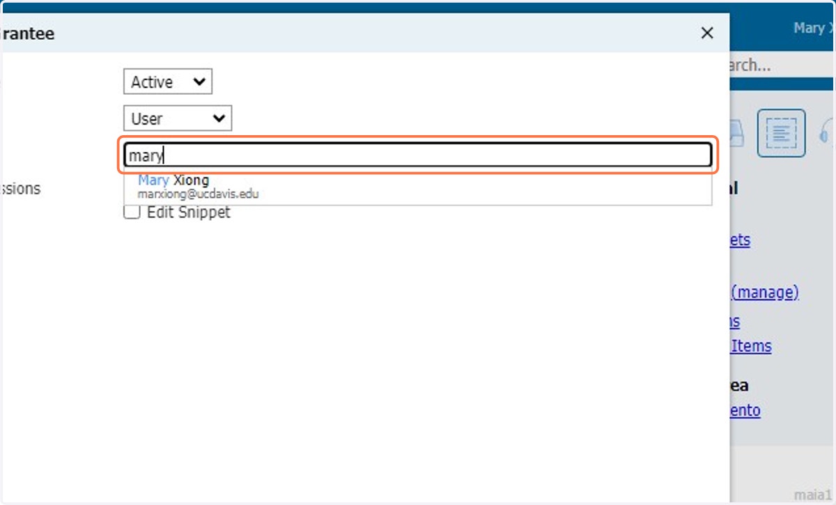Search the user you want to share the Snippet with