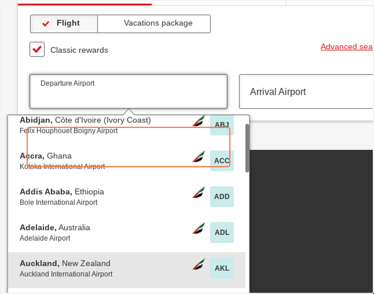 Click on Departure Airport