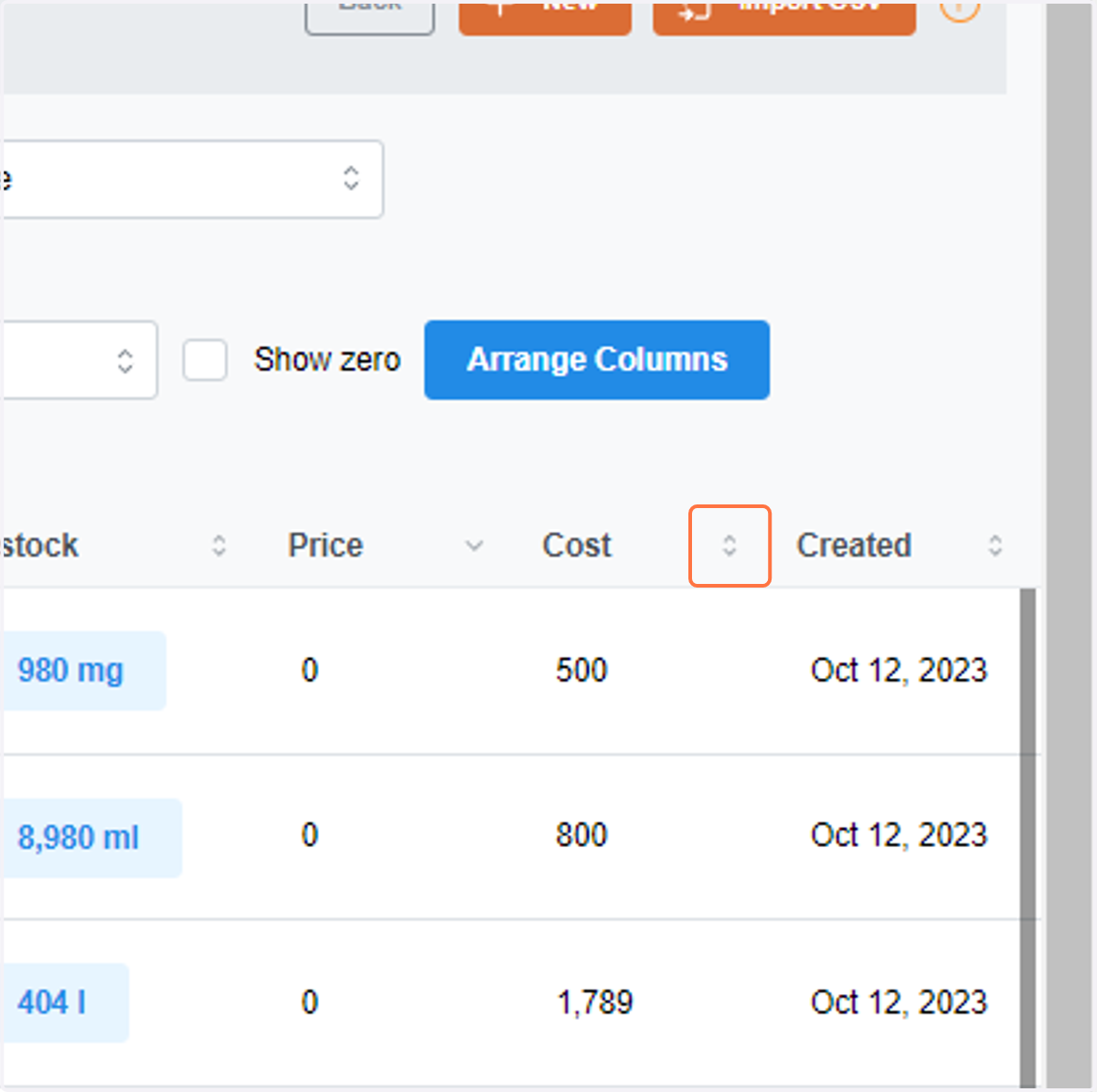 To sort the cost from 0 to 1, click the dropdown arrow.