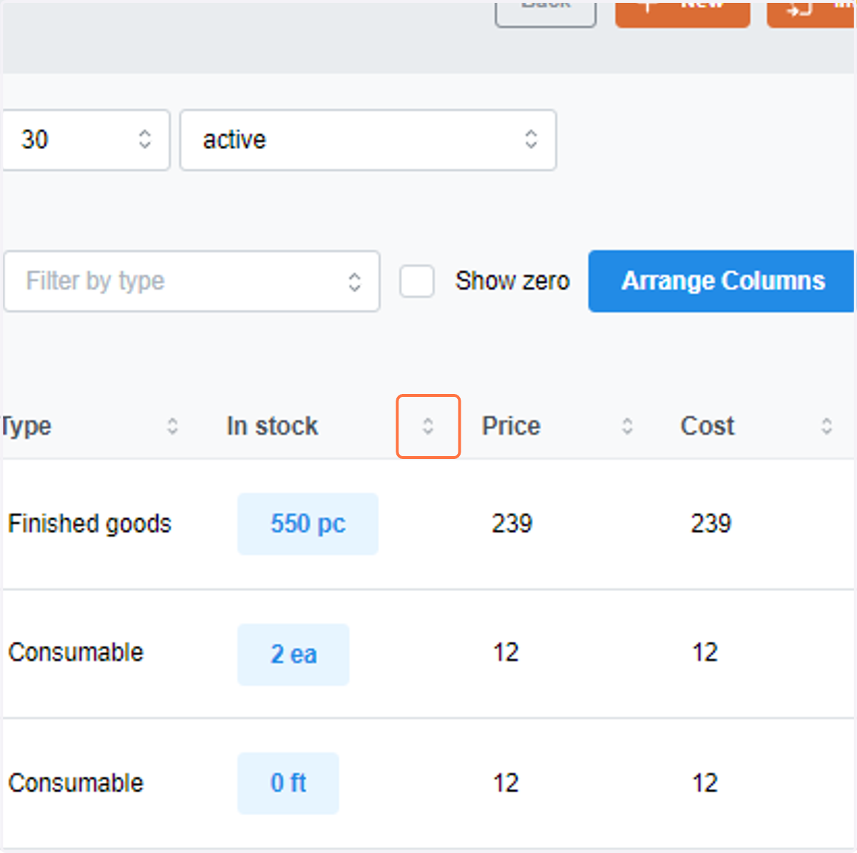 To sort the in stock from 0 to 1, click the dropdown arrow.