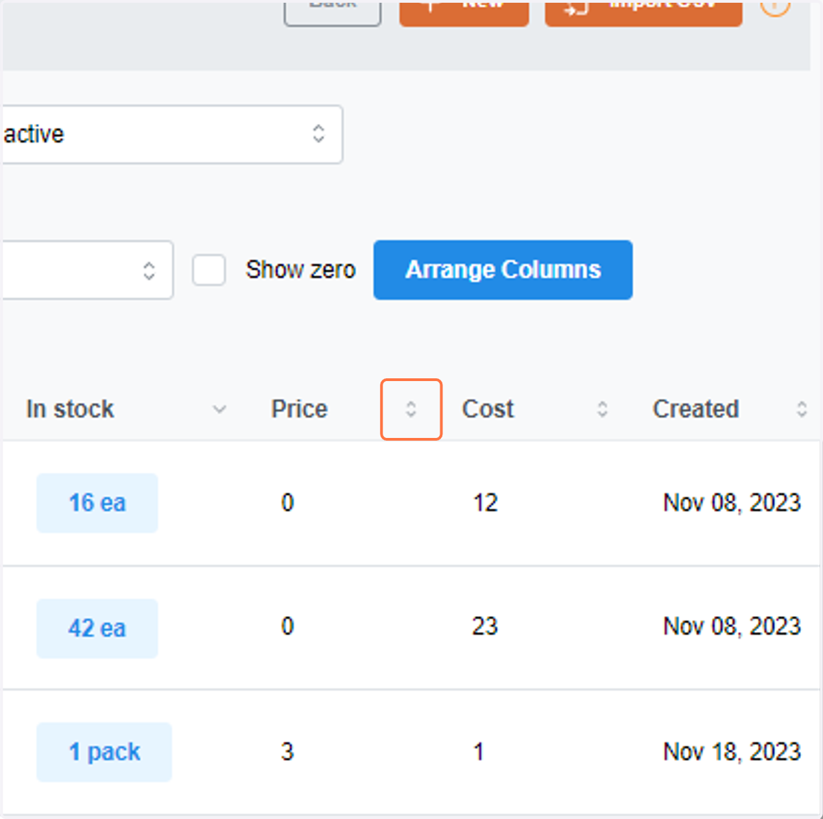 To sort the price from 0 to 1, click the dropdown arrow.