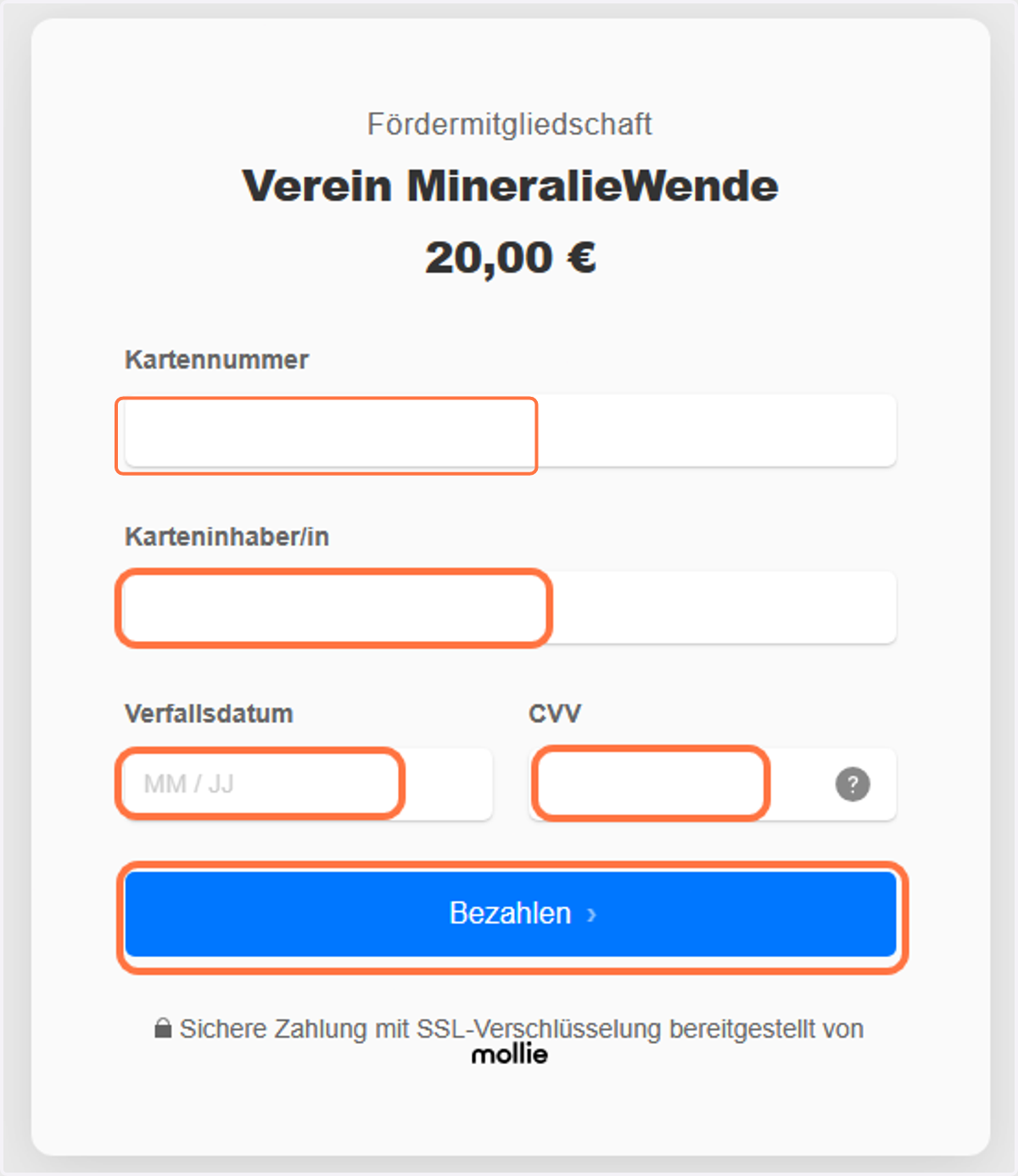Falls du Kreditkarte ausgewählt hast: Gib im nächsten Fenster deine Kreditkarten-Daten ein und klicke auf "Jetzt zahlen".