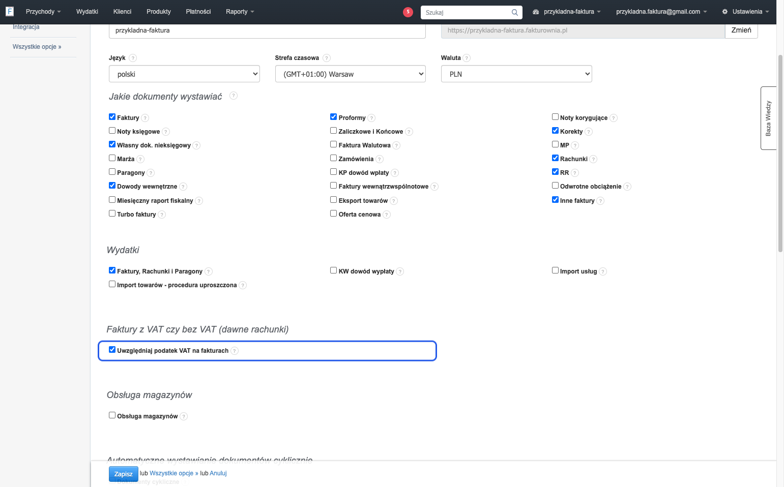 Odznacz checkbox przy opcji Uwzględniaj podatek VAT na fakturach.