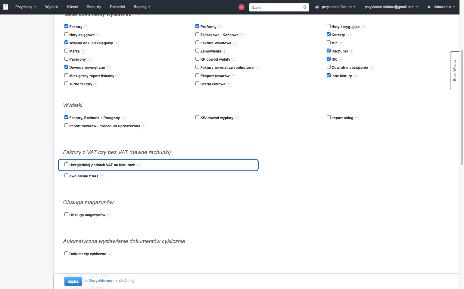 W sekcji Faktury z VAT czy bez VAT (dawne rachunki) odznacz checkbox przy opcji Uwzględniaj podatek VAT na fakturach.