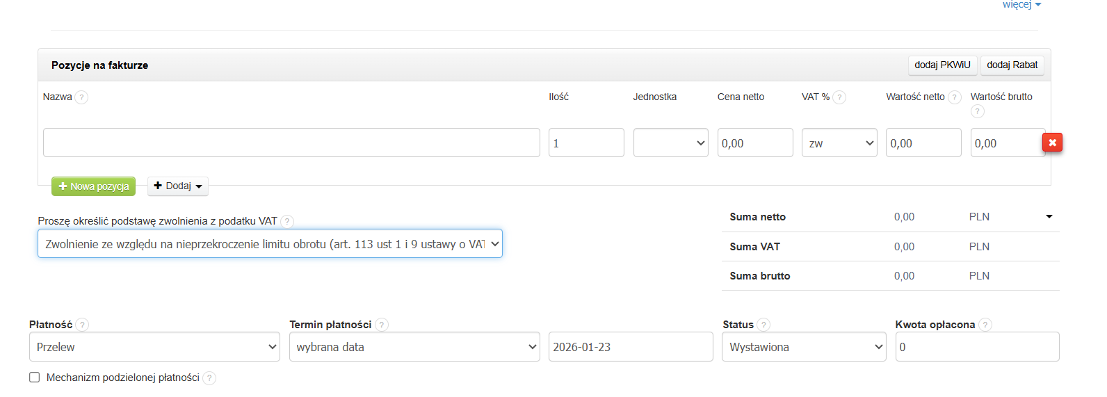 Aktywacja tego checkboxa sprawi, że na formularzu tworzonych dokumentów system automatycznie zaznaczy checkbox Zwolnienie z VAT oraz podstawę zwolnienia z podatku VAT.