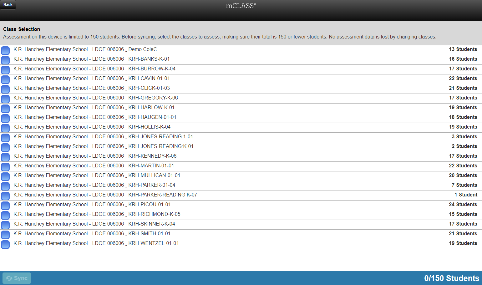 Select the checkbox next to the class you wish to assess.