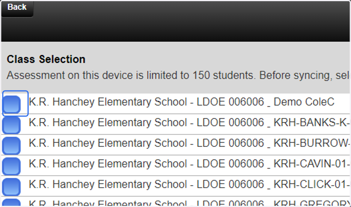 Select the checkbox next to the class you wish to assess.