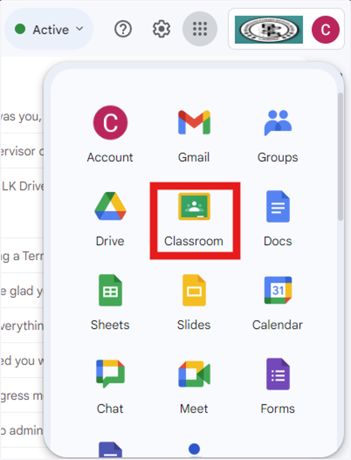 Open the Chrome browser and navigate to a Google application (Gmail, Drive, etc.) Click on the waffle in the top corner and select "Classroom."