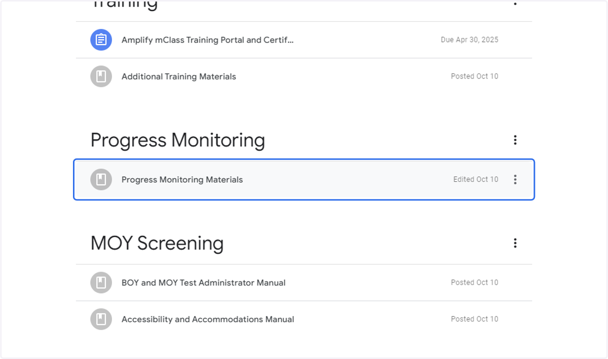 Under the Progress Monitoring topic, select "Progress Monitoring Materials."