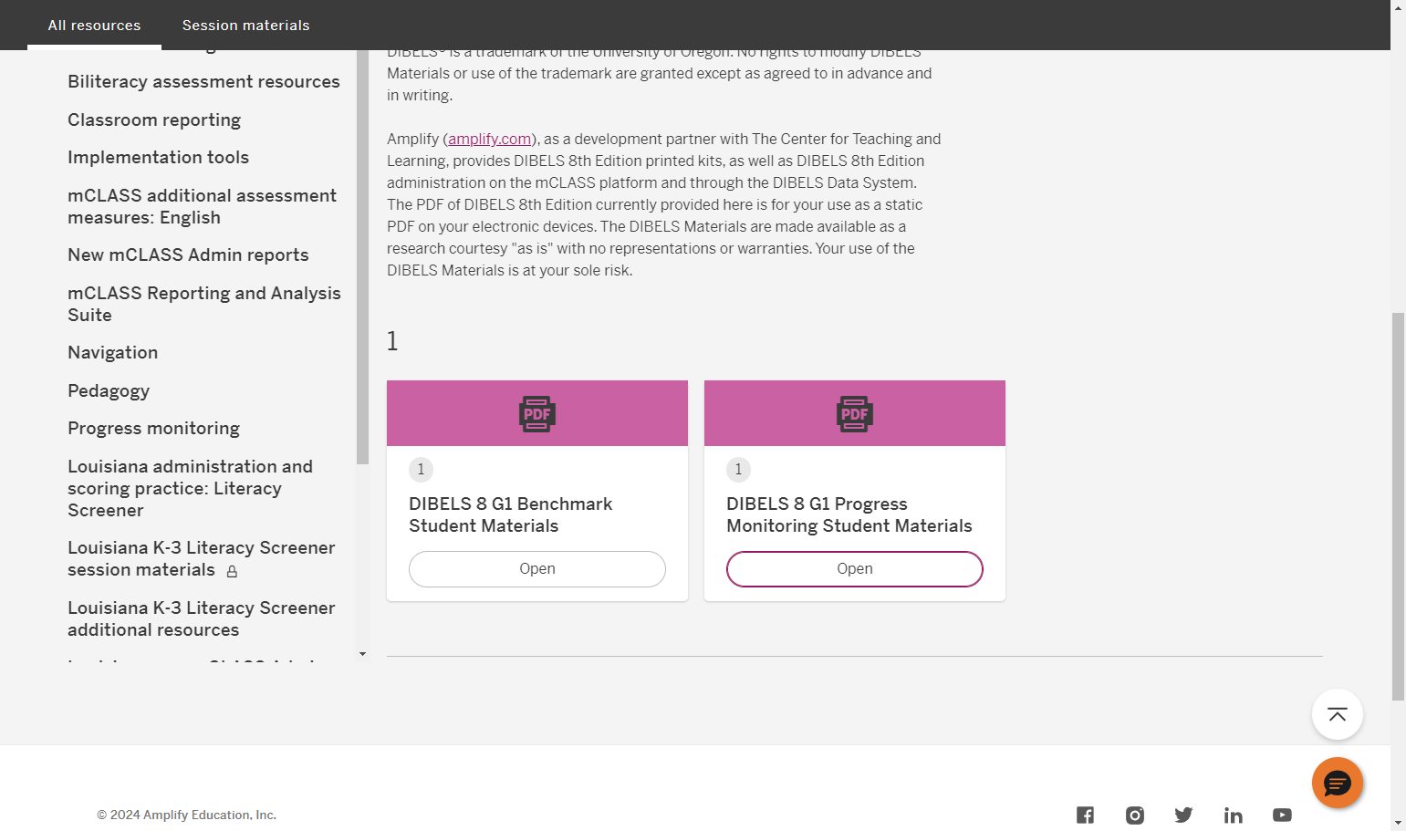 Locate the DIBELS 8 G# Progress Monitoring Student Materials and select the "Open" button.