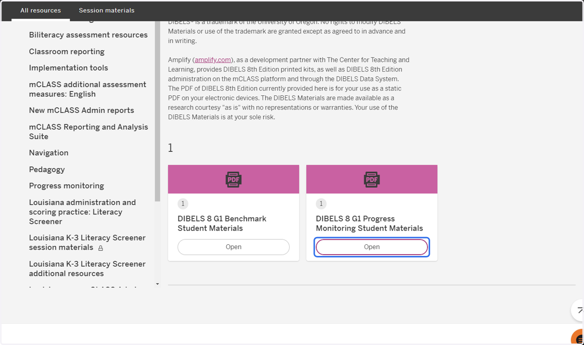 Locate the DIBELS 8 G# Progress Monitoring Student Materials and select the "Open" button.
