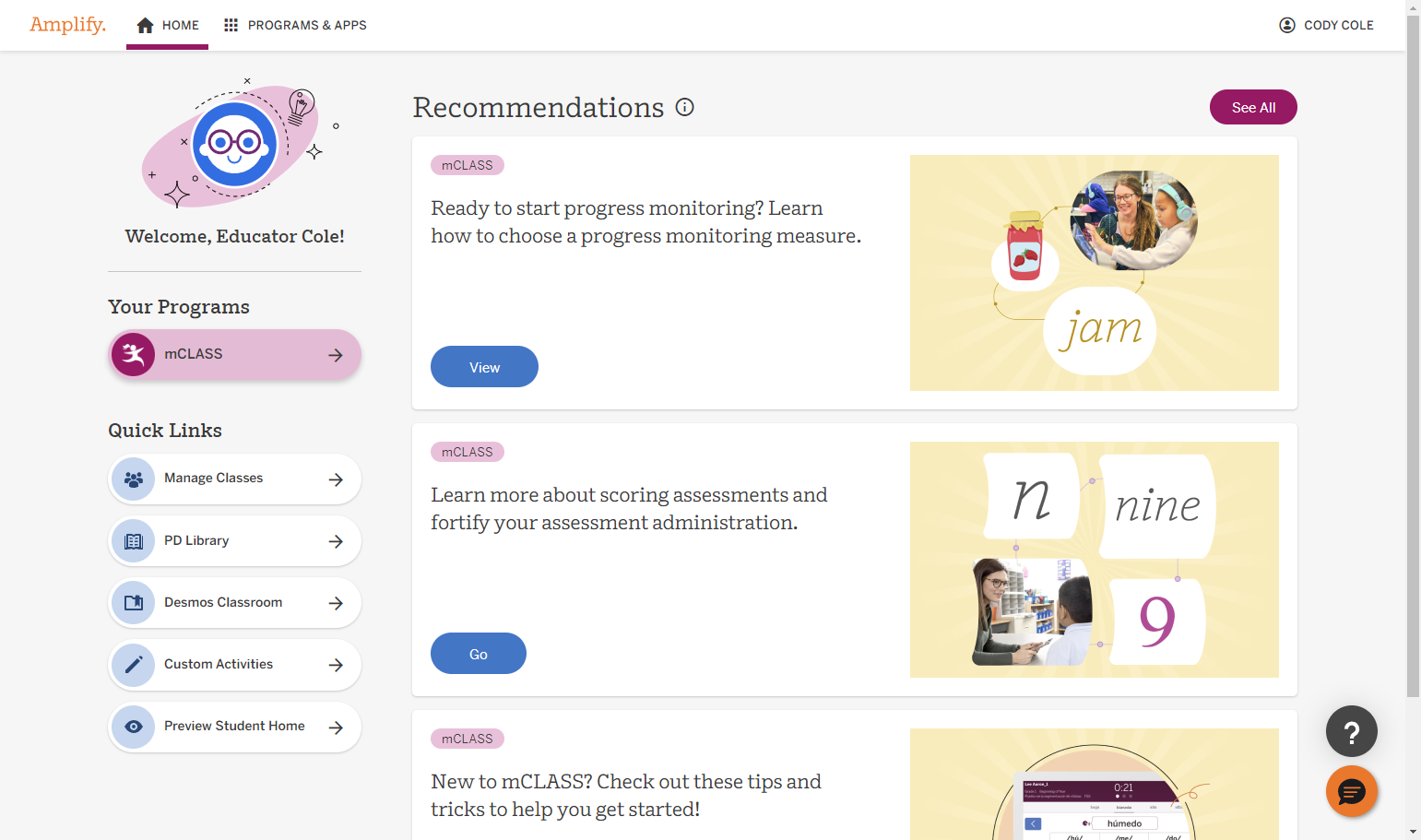 Click on mClass. If you do not see this option, select the "PROGRAMS & APPS" and select mClass.