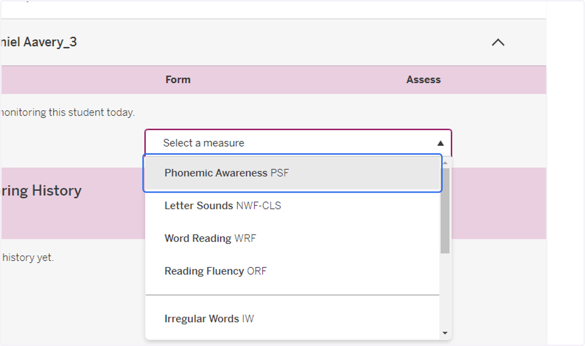 Select the measure you wish to assess.